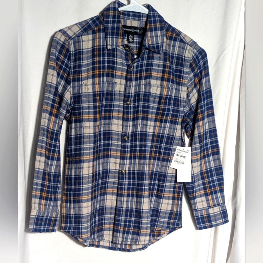 NWT Boys Treasure & Bond Plaid Blue, Gray, & Orange Flannel Shirt| Size M (8/10)
